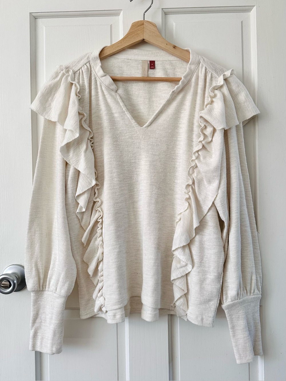 PILCRO Anthropologie Cozy Popover Knit Top Ruffled Ivory Boho Size M - Picture 5 of 12